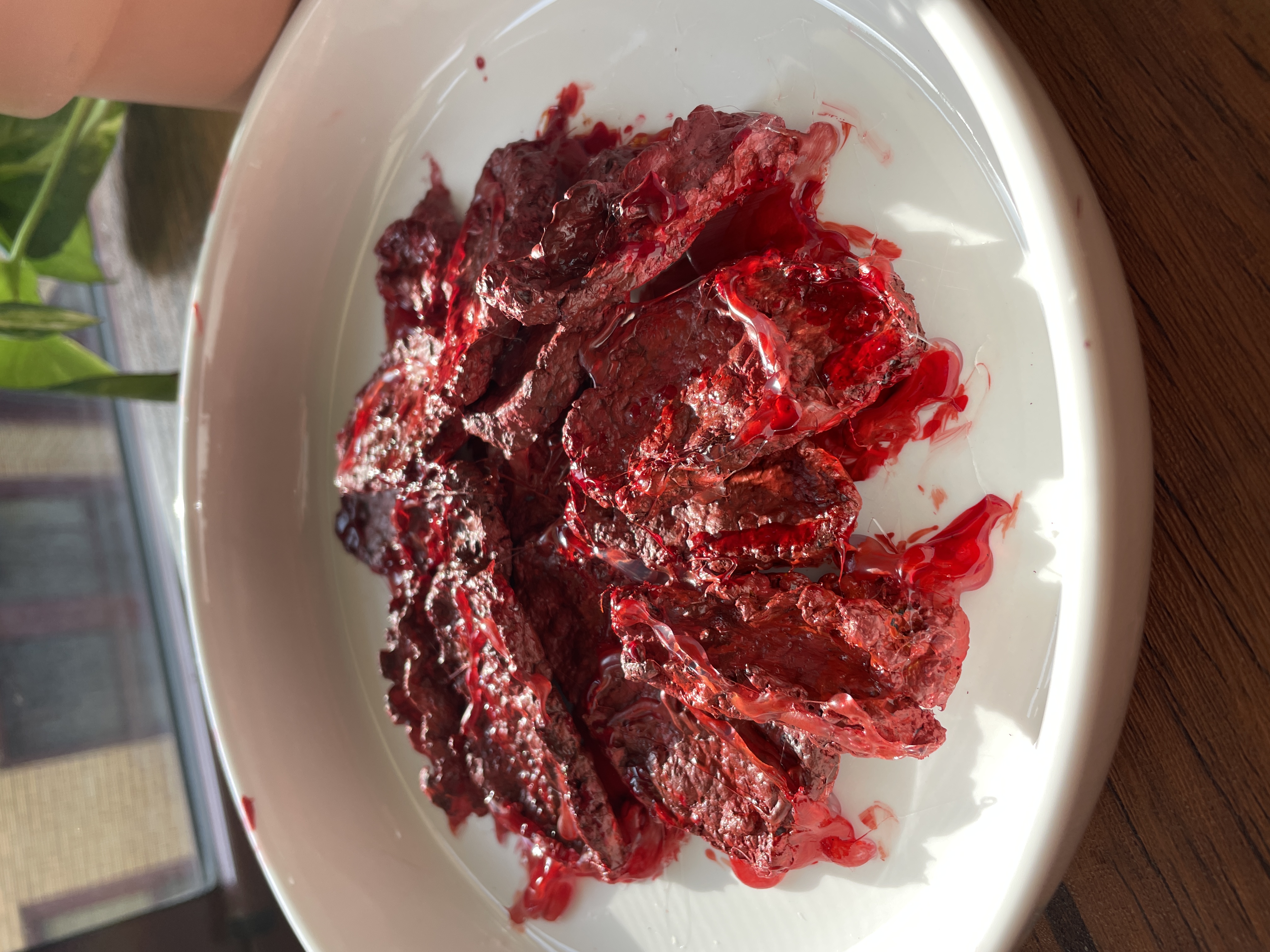 A bloody dish of what seems to be meat arranged in a radial pattern in a deep white plate.